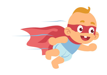 Baby superhero, little boy in red cape and mask flying. Super hero kid in diaper, justice fighter in cape speed running. Cartoon flat style isolated on white background vector concept