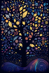 Abstract, bright drawing of a dark large tree in the middle, with multi-colored leaves of yellow, blue colors, on a dark background, generative ai