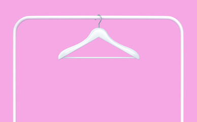 White rack with clothes hanger isolated on purple background. Clipping path included