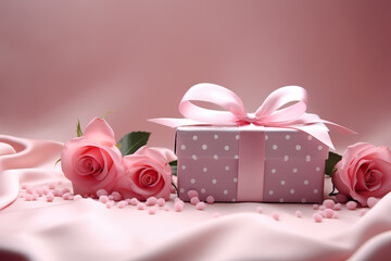 Romantic Gift Presentation Pink Polka Dot Gift Box with Bow, Ribbon, and Roses on a Pink Background for Birthdays, Anniversaries, and More. created with Generative AI