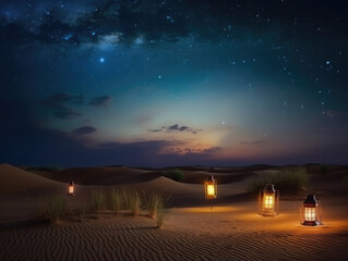 Ramadan, the steppe with lanterns and starry sky