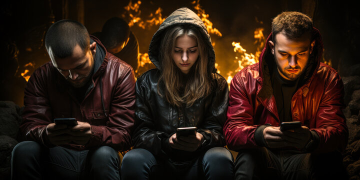 Nomophobia or no mobile phone phobia, smartphone and social media addicted or fear of missing out concept, young people with mobile phones with chat and social media applications