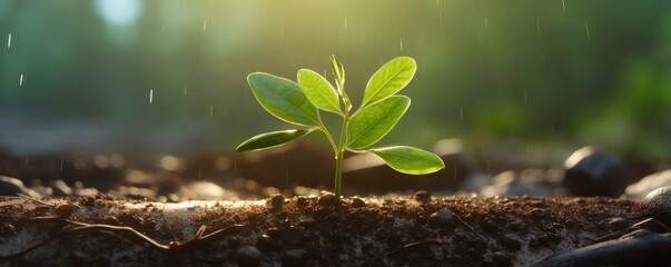 A young plant growing up with rainwater in sunlight. , ultra realistic panorama. Generative Ai. - obrazy, fototapety, plakaty