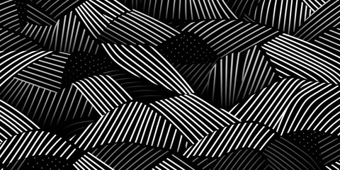 Seamless hand drawn geometric patchwork pattern made of fine white stripes on black background. Abstract rolling hills landscape motif or thatched polygons texture in a trendy doodle, Generative AI