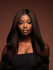 Beautiful and confident young African American woman in her 20s with straight long hair wig. Concept of pride in haircare.