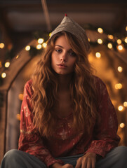 Christmas mood portrait of a boho young woman with long hair on festive background
