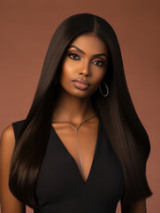 Beautiful and confident young African American woman in her 20s with straight long hair wig. Concept of pride in haircare.