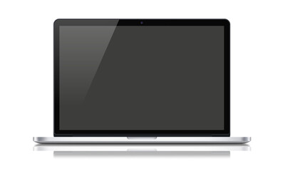 A black and gray laptop with a blank black screen on white