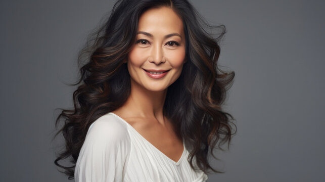 Beautiful And Confident Chinese Woman In Her 40s With Styled Long Curly Hair. Concept Of Asian Haircare.