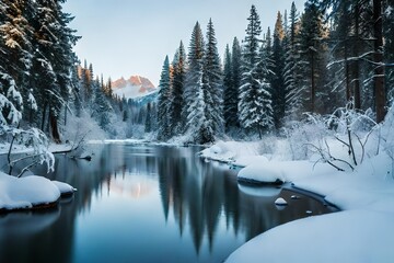 Snowy forest by a river