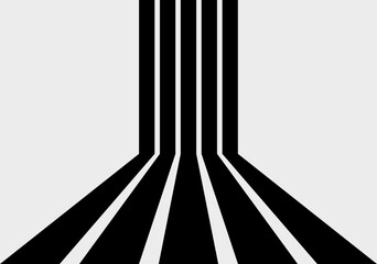 Black retro stripes in a perspective. Vintage lines background. Sixties and seventies style graphic design. Vertical Parallel stripes form 3D effect. Wall and floor. Copy space. Vector illustration. 