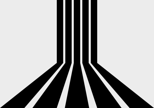 Black retro stripes in a perspective. Vintage lines background. Sixties and seventies style graphic design. Vertical Parallel stripes form 3D effect. Wall and floor. Copy space. Vector illustration. 