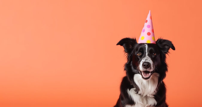 Portrait of beautiful dog with birthday hat and confetti isolated on orange background with big copy space left. Pet birthday celebration concept.