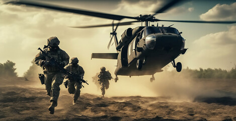 Military soldiers are running to the helicopter in battlefield