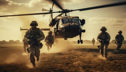 Military soldiers are running to the helicopter in battlefield