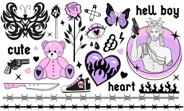 Y2k 2000s Cute Emo Goth Aesthetic Stickers, Tattoo Art Elements And Slogan. Vintage Pink And Black Gloomy Set. Gothic Concept Of Creepy Love. Vector Illustration