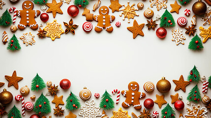 Image of cute cookies and other Christmas ornaments lined up.