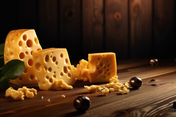 Cheese with holes on table with black olives, food concept. Generative Ai.