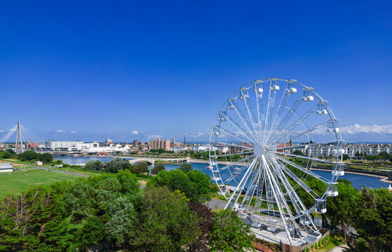 Southport, Merseyside, UK, June 21, 2023; Aerial view of the Ferris Wheel, Promenade and Marine Lake in the afternoon sun Southport Merseyside