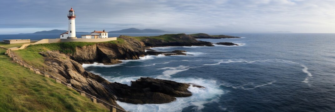 Panorama of the Faro de Ribadeo lighthouse on Illa Pancha, wide screen