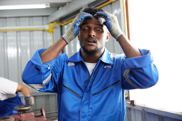 worker or technician feeling tired and have a headache in the factory