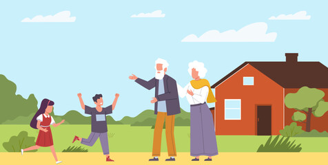 Children have come to visit their grandparents for summer vacation in village. Happy family, different ages relatives, grandpa and grandma, countryside house. Cartoon flat vector concept