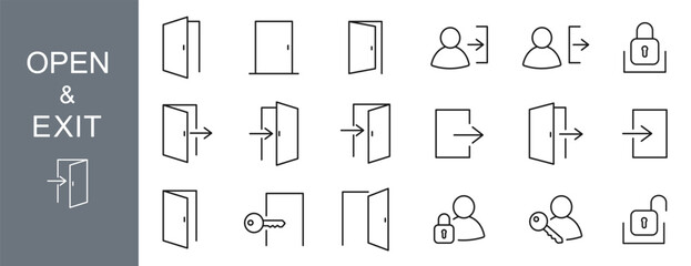Door icons set. Open door line icon
