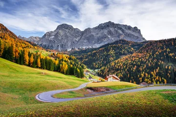  Winding road at the autumn Dolomite Alps. Amazing landscape with mountains on background at San Genesio village location, Province of Bolzano, South Tyrol, Italy © Ivan Kmit