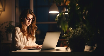 Woman alone working at home with her laptop at night