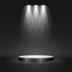 Round podium illuminated by spotlights. Empty pedestal for award ceremony or presentation. Vector illustration.