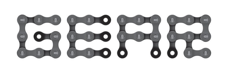 Vector text GEAR created from realistic bike chain. Isolated on white background.