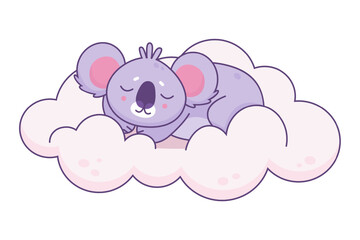 Cartoon style cute sleeping koala bear on the cloud.
