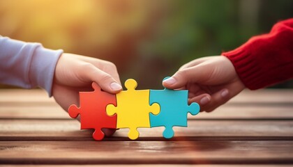Couple family hands holding blank and empty space jigsaw puzzle
