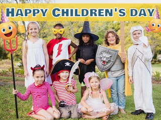 Composition of happy children's day text and diverse children at costume party