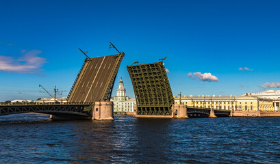 The Palace Bridge, a rare case of raising the bridge in the daytime, Saint Petersburg, Russia.