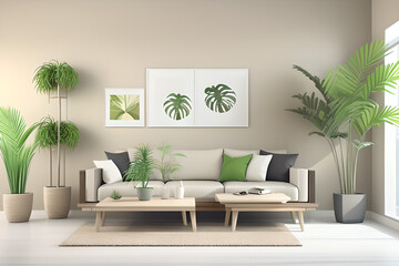 horizontal frame in modern living room interior with beige wall, gray and wooden furniture and tropical plants with palm leaves, 3d rendering. Modern living room
