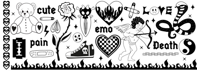 Y2k 2000s black grunge emo goth aesthetic stickers, tattoo art elements and slogan. Punk rock gloomy set. Gothic concept of creepy love. Vector illustration - obrazy, fototapety, plakaty