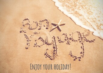 Composite of enjoy your holiday, bon voyage text on sand with starfish at shore, copy space - obrazy, fototapety, plakaty