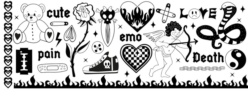 Y2k 2000s black grunge emo goth aesthetic stickers, tattoo art elements and slogan. Punk rock gloomy set. Gothic concept of creepy love. Vector illustration