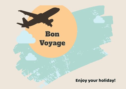 Illustration of bon voyage and enjoy your holiday text with airplane, sun and clouds, copy space - Powered by Adobe