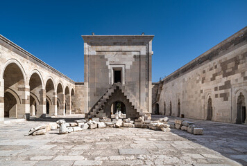 Courtyard of Sultanhani Caravanserai, an ancient fortified inn on the caravan route, Aksaray, Turkey. .