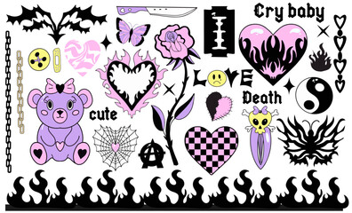 Y2k 2000s cute emo goth aesthetic stickers, tattoo art elements and slogan. Vintage pink and black gloomy set. Gothic concept of creepy love. Vector illustration