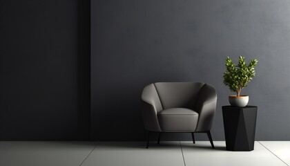 Grey wall panels and a black side table in minimalistic interior
