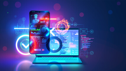 Mobile app software develop. Web design concept. Web design elements on layout website on screen phone. Programming mobile internet page. Website template on laptop. Computer Technology Banner.
