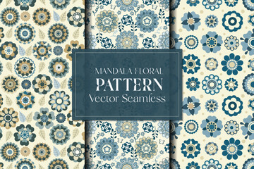 Mandala floral cute blue pastel seamless repeat pattern set