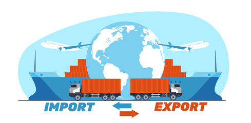 Fototapeta na wymiar Concept of exporting and importing cargo around world, global logistics. International transportation by plane, barge and truck, big containers cartoon flat style isolated vector concept