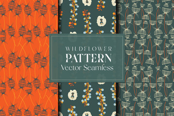 Wildflower seamless repeat vector pattern set