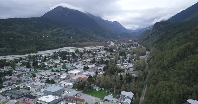 Skagway Alaska, Dark Ominous Mountainside, Aerial View looking over the City.