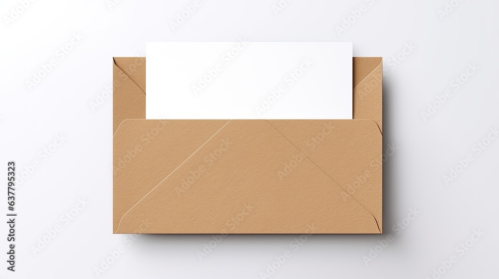 Poster Minimal branding design template with blank card in kraft paper envelope and pencil on white background . Mockup image