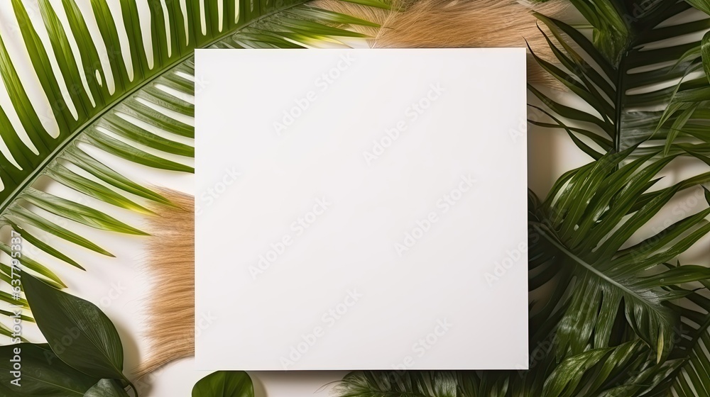 Poster palm leaf on table with square invitation card mockup
